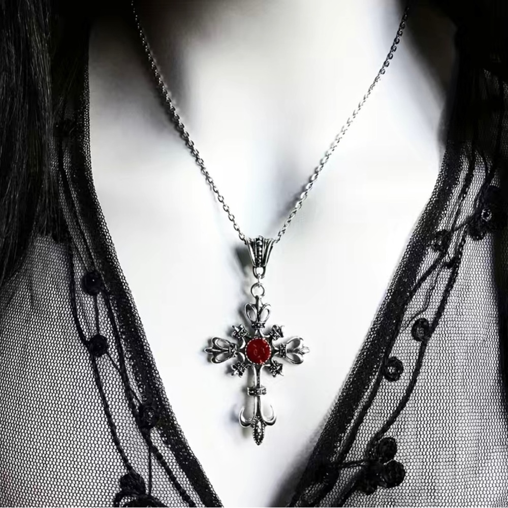 Ruby cross silver tone pendant necklace faux fashion jewelry